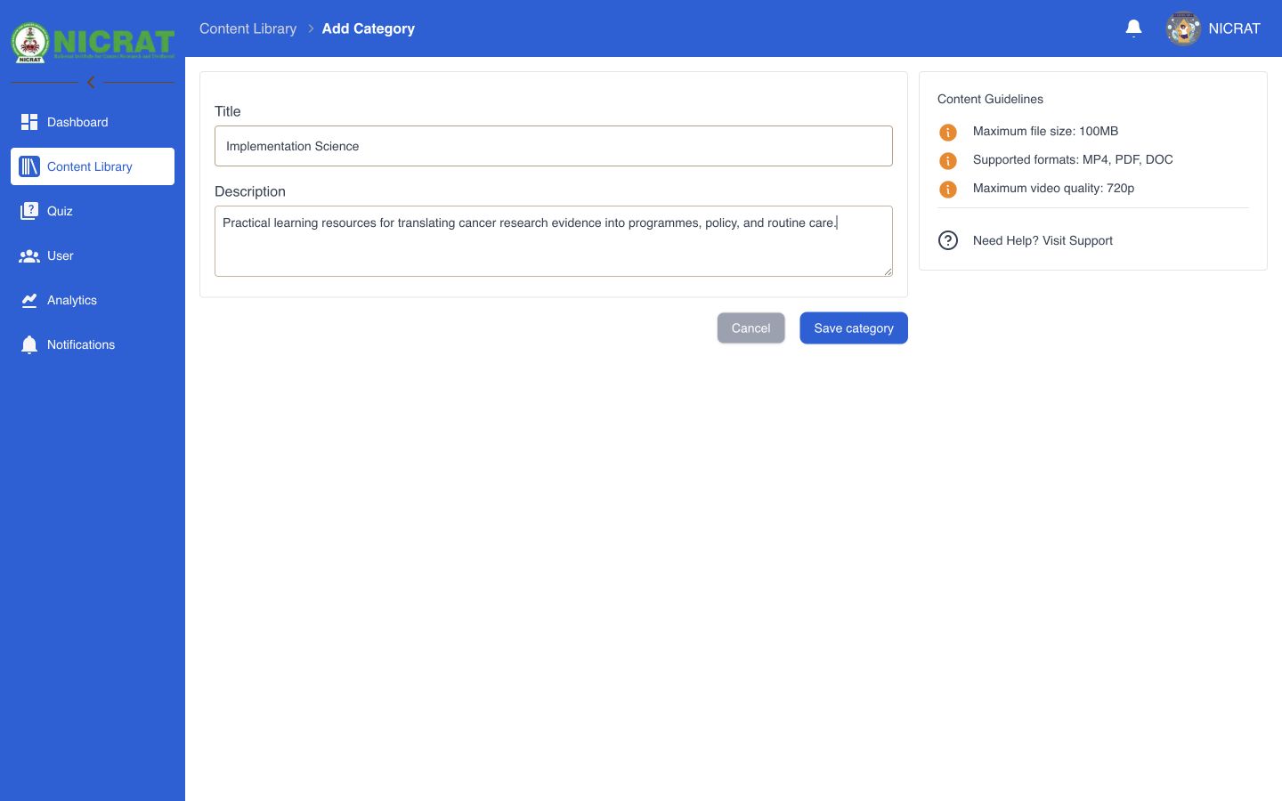 Add Category page populated with the Implementation Science title and a practical description