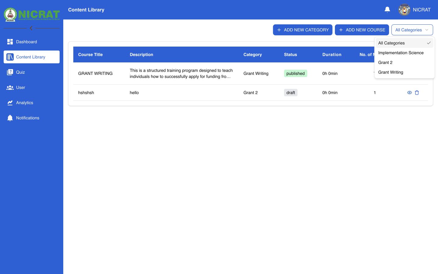 Content Library category filter expanded with Implementation Science available