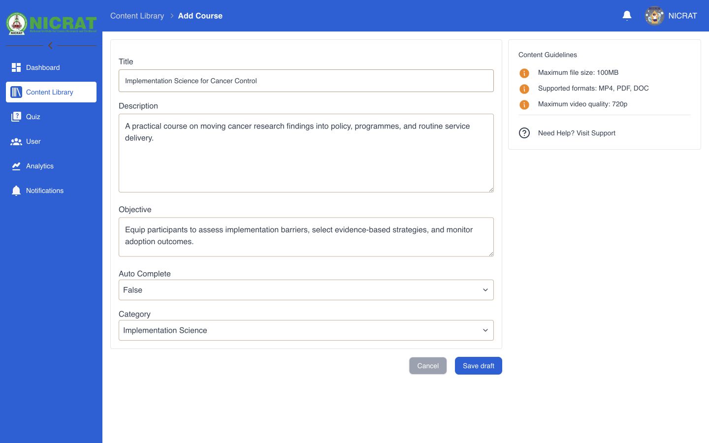 Course form configured with Auto Complete set to False and Implementation Science selected