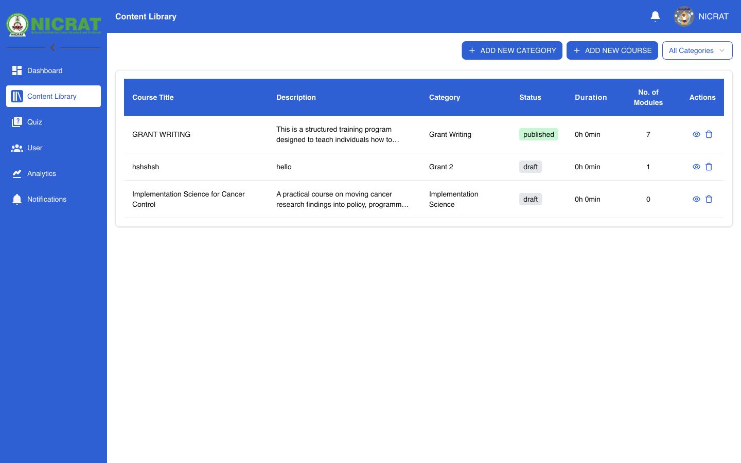 Content Library showing the new Implementation Science course with draft status