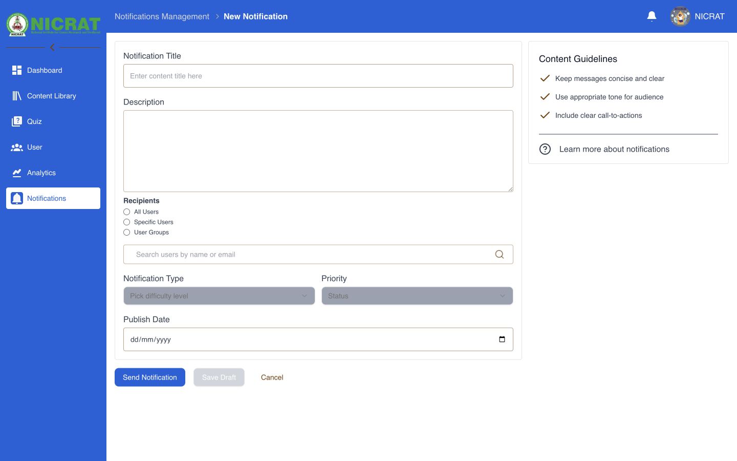Empty New Notification form with message and delivery controls