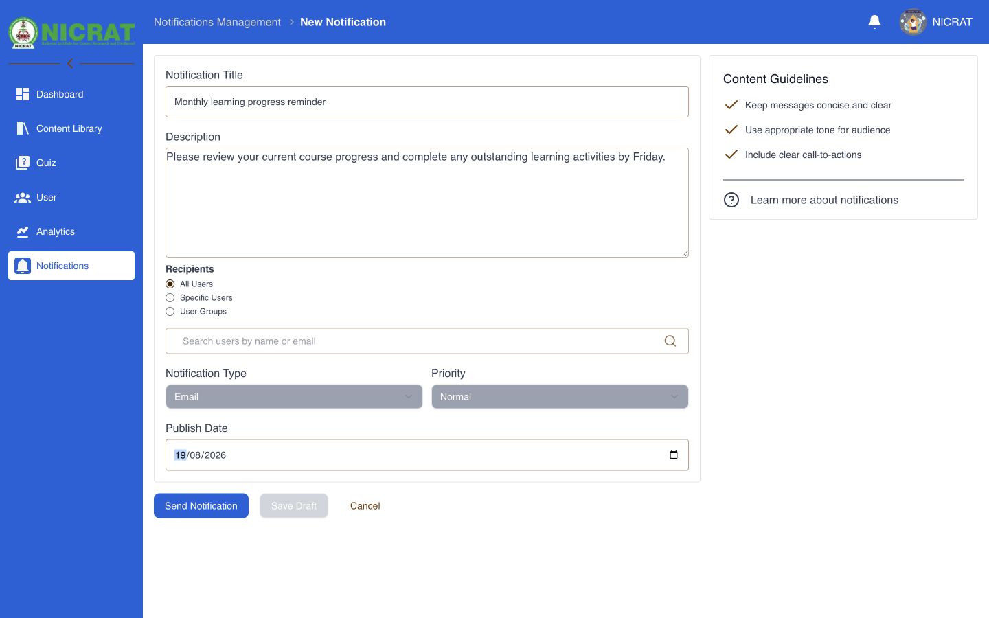 Notification form configured for email delivery with normal priority and a publish date