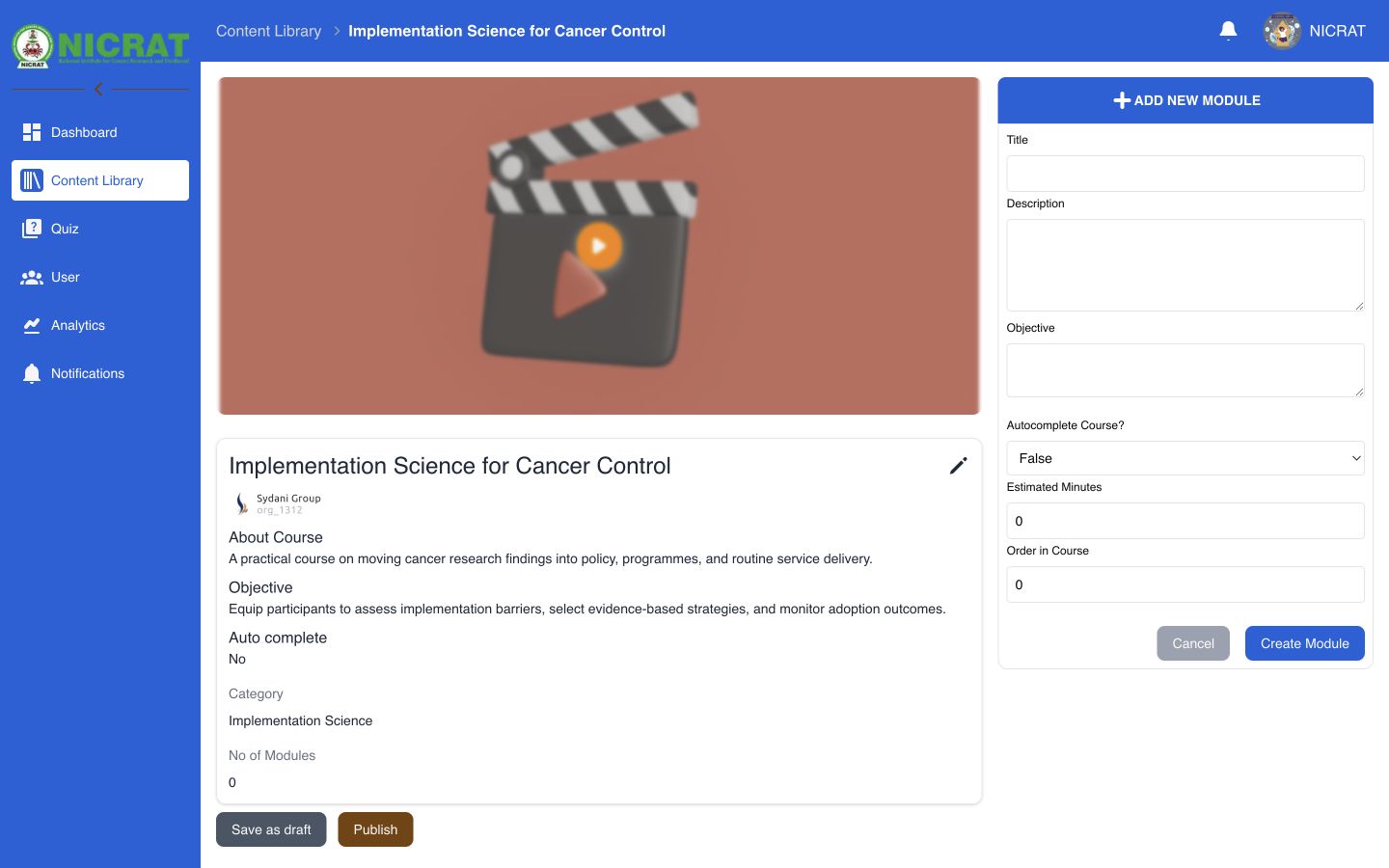 Course workspace with the Add New Module form open