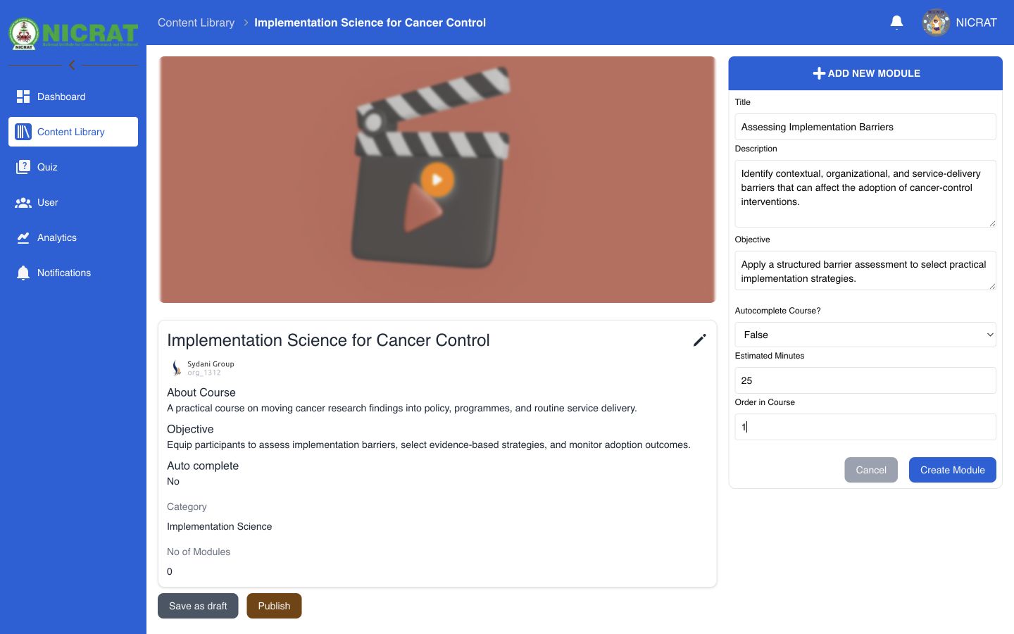 Add New Module form populated with an implementation barriers module
