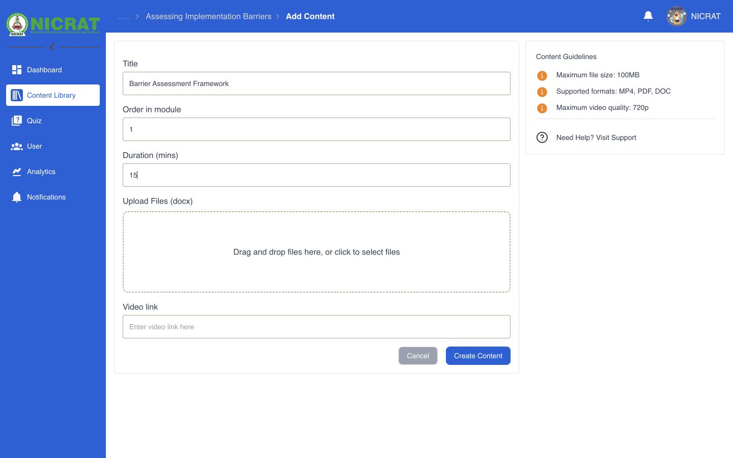 Add Content page populated with a content title, order, and duration, with file and video source controls visible