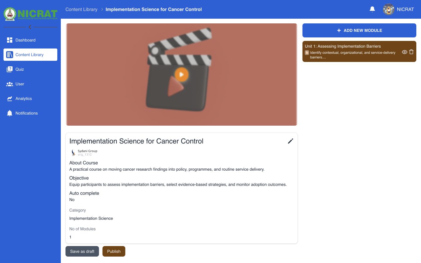 Course workspace with course details, one module, Save as draft, and Publish controls