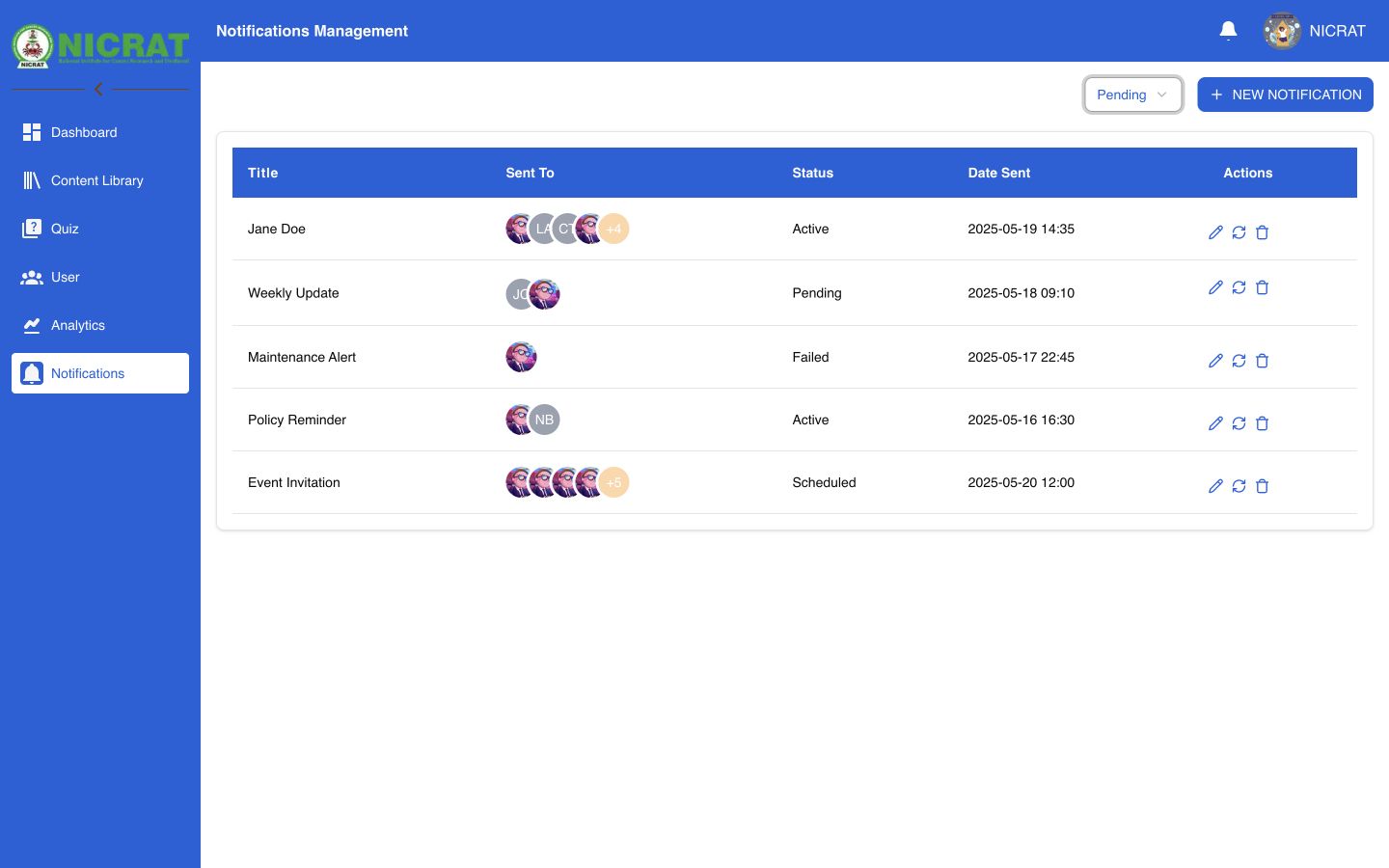 Notifications Management with Pending selected and delivery statuses visible