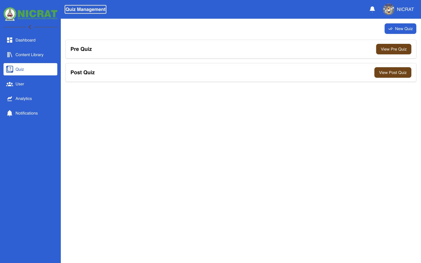 Quiz Management page with Pre Quiz and Post Quiz review options