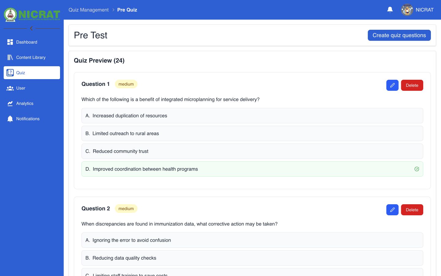 Pre Quiz preview showing the question count and assessment questions