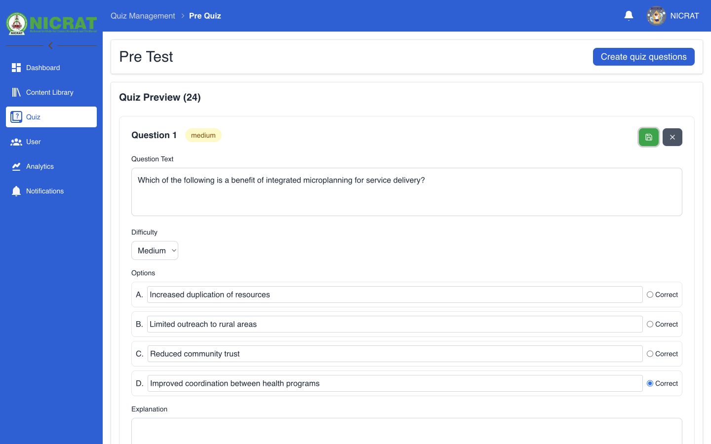 Pre Quiz question editor populated with a question, difficulty, four options, and the selected correct answer