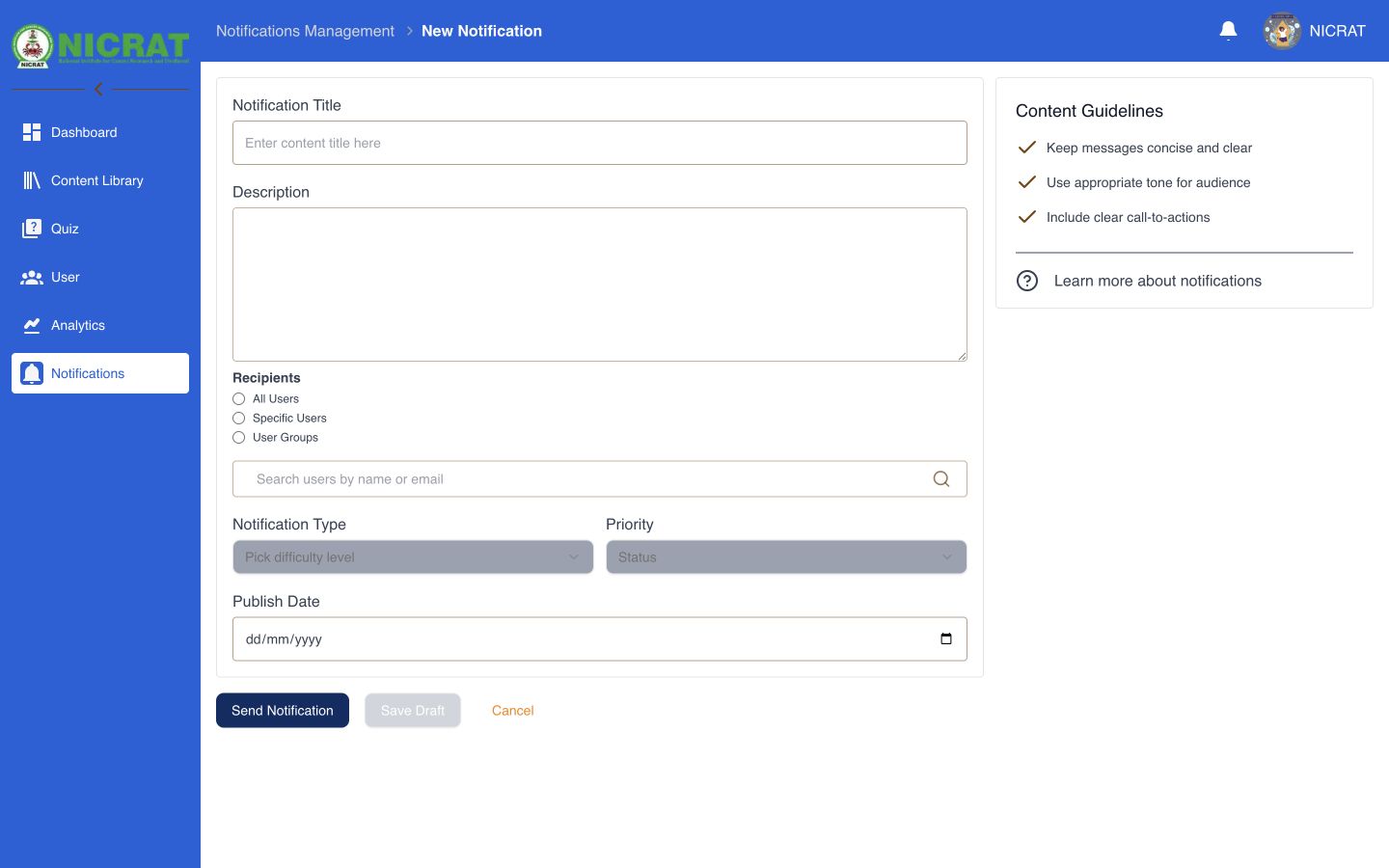 New Notification form ready for a scheduled message