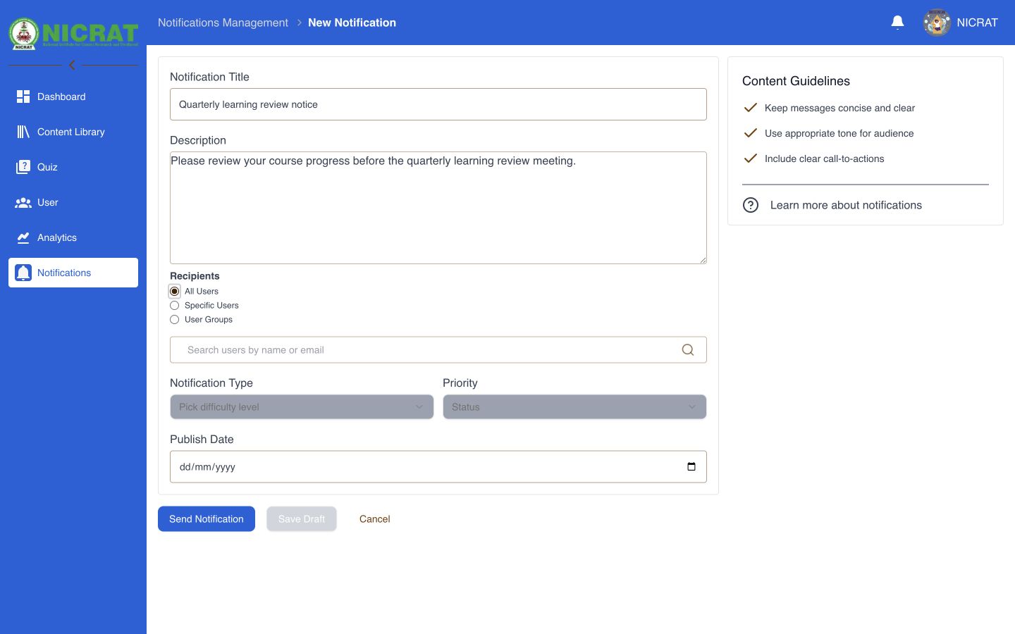 Scheduled notification form populated with a quarterly learning review notice