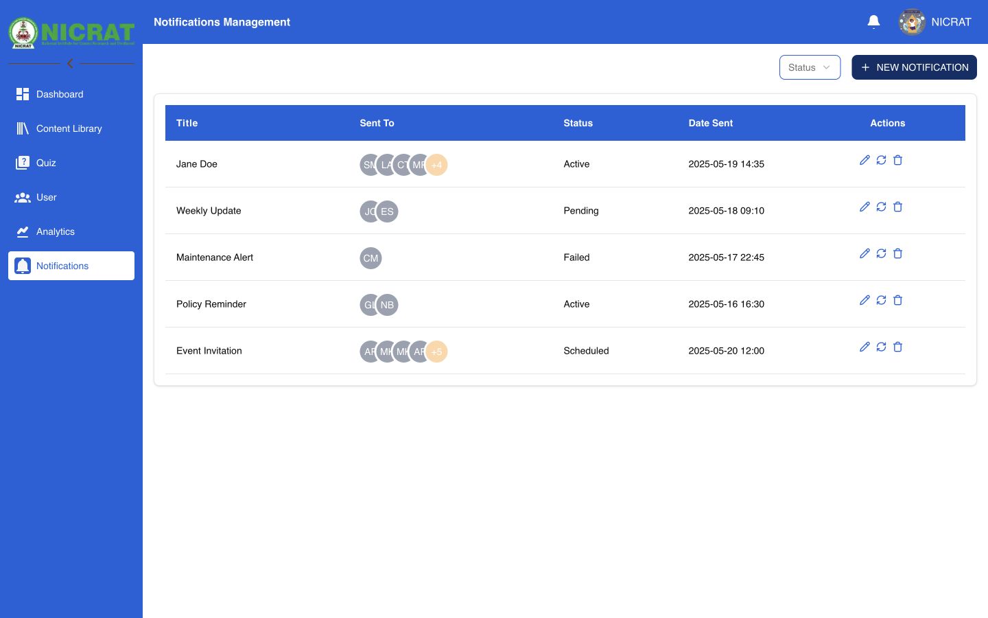 Notifications Management list containing a scheduled notification