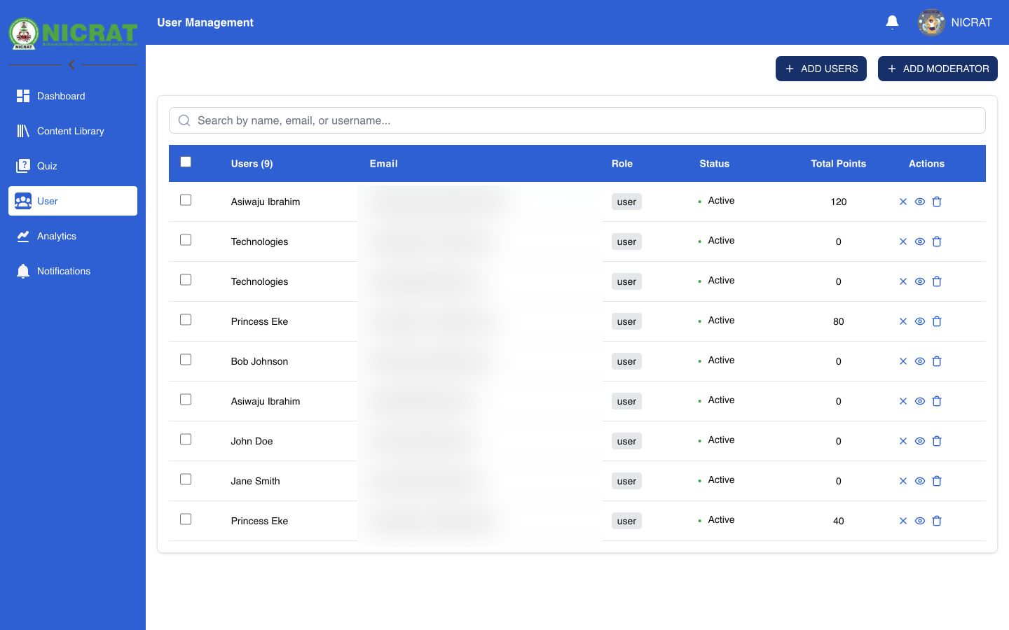 User Management register with account status, points and action controls