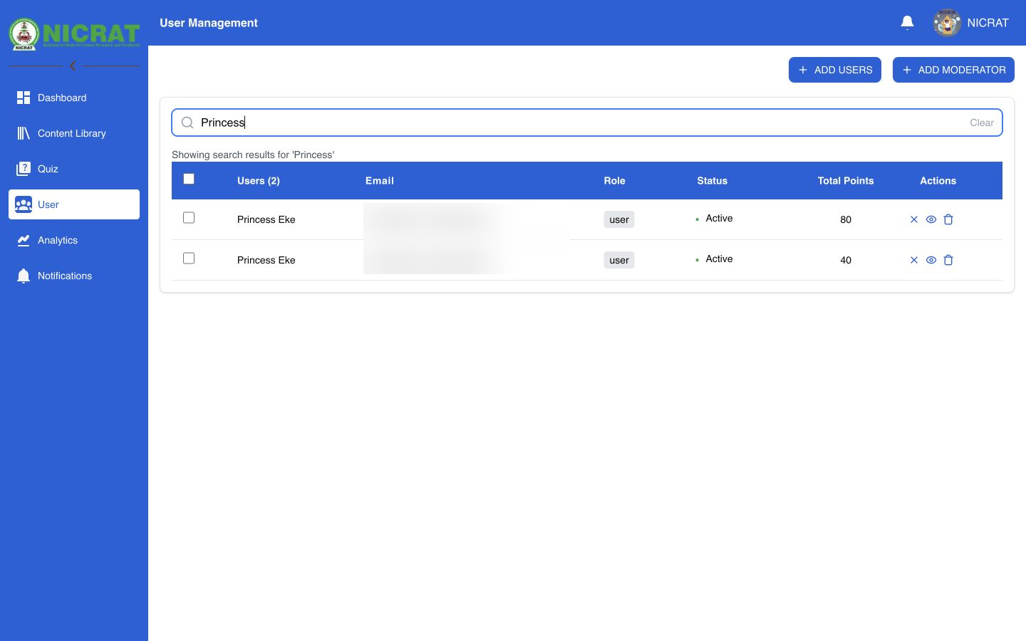 Filtered User Management results showing two matching accounts