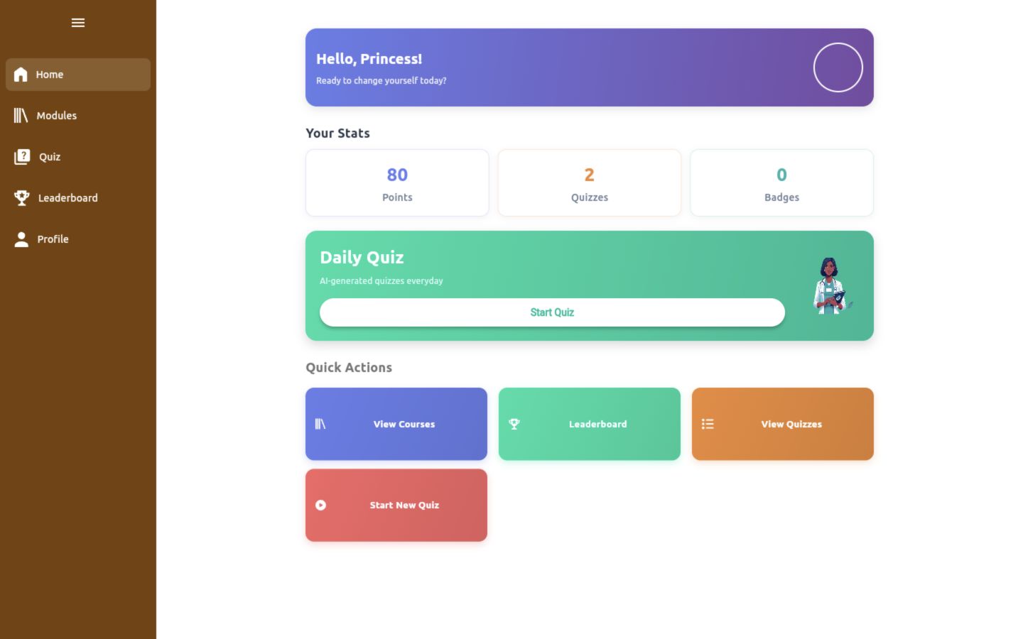 Expanded learner navigation with Home, Modules, Quiz, Leaderboard and Profile
