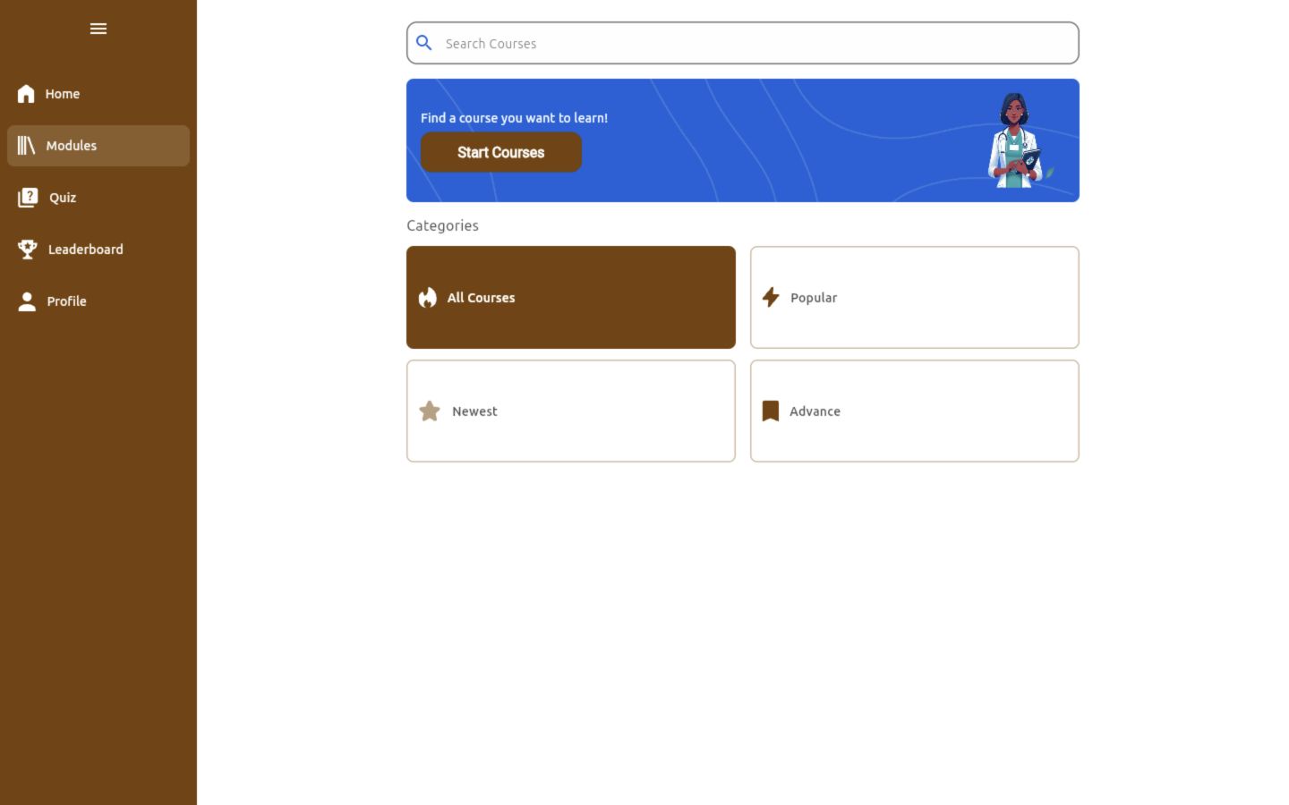 Course discovery page with search, Start Courses and category filters