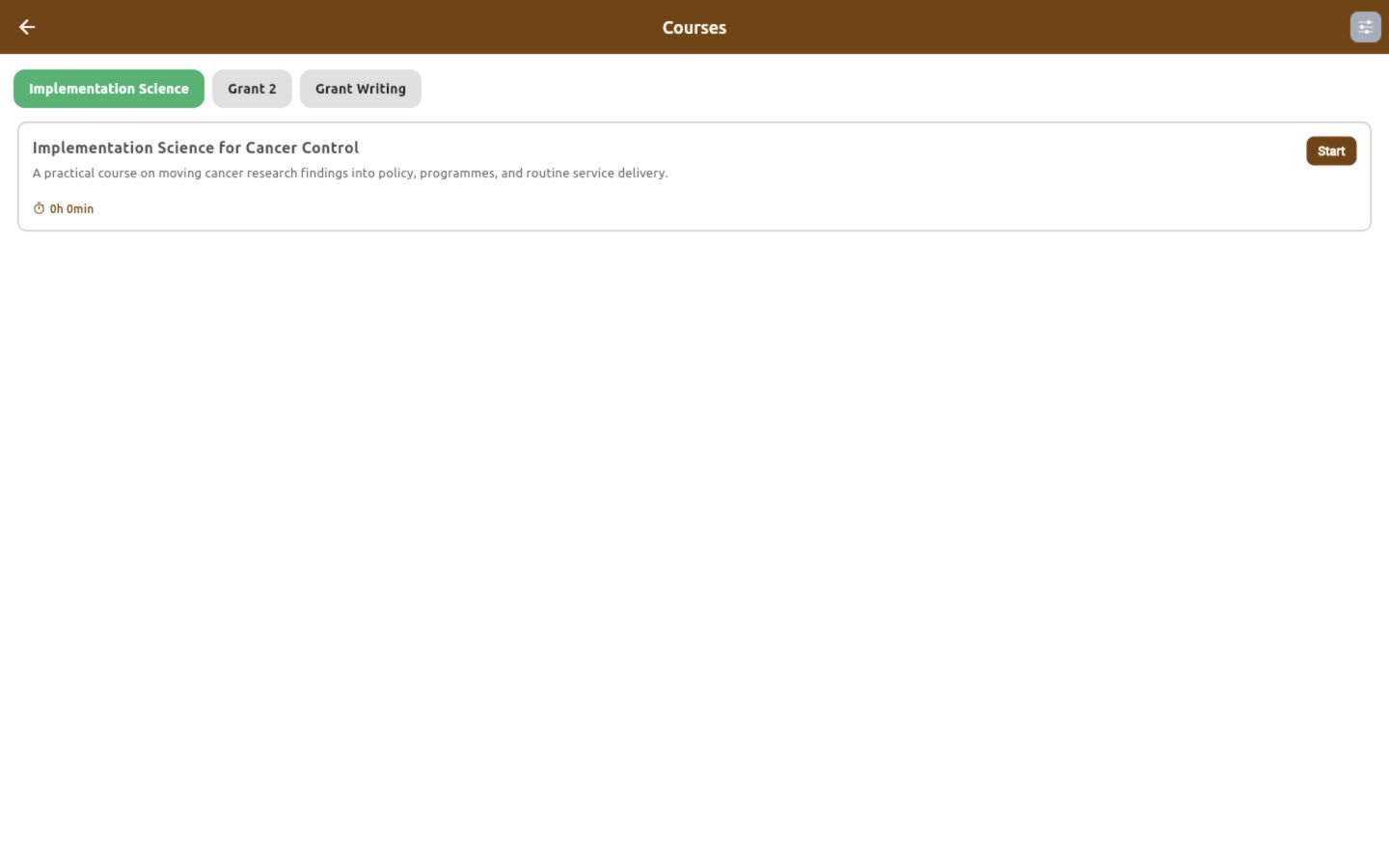 Course list with category tabs and a Start button