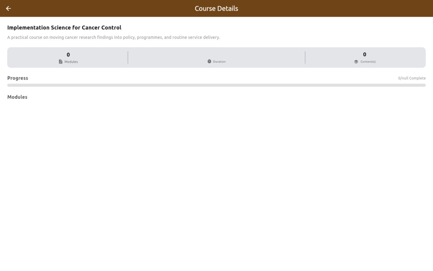 Course details page with module count, content count and progress