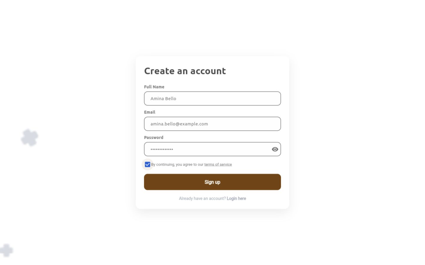 Registration form populated with an example learner name and email, a masked password and accepted terms