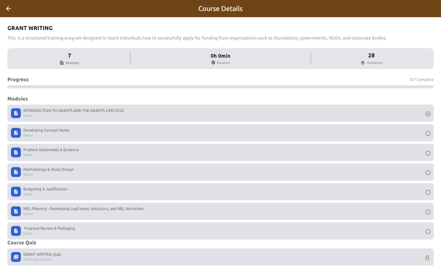 Course Details page with seven modules, progress and a locked course quiz