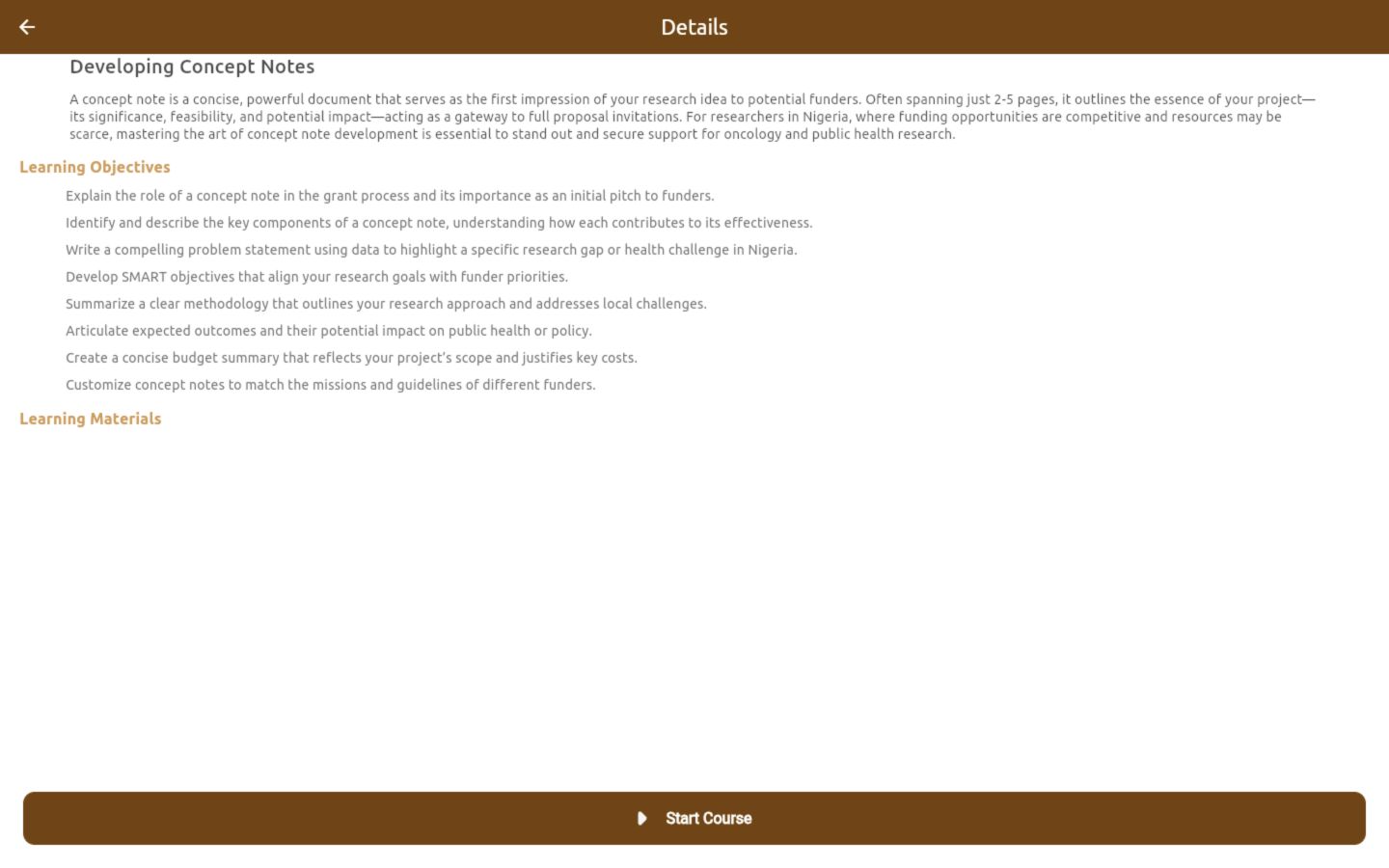 Module details with learning objectives, learning materials and Start Course