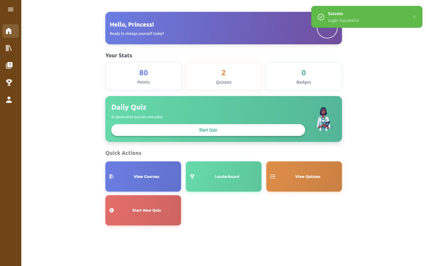 Learner home screen after a successful login