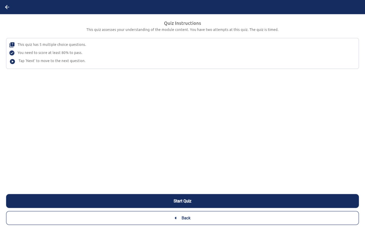 Course quiz instructions showing five questions, an eighty-percent pass mark and two attempts
