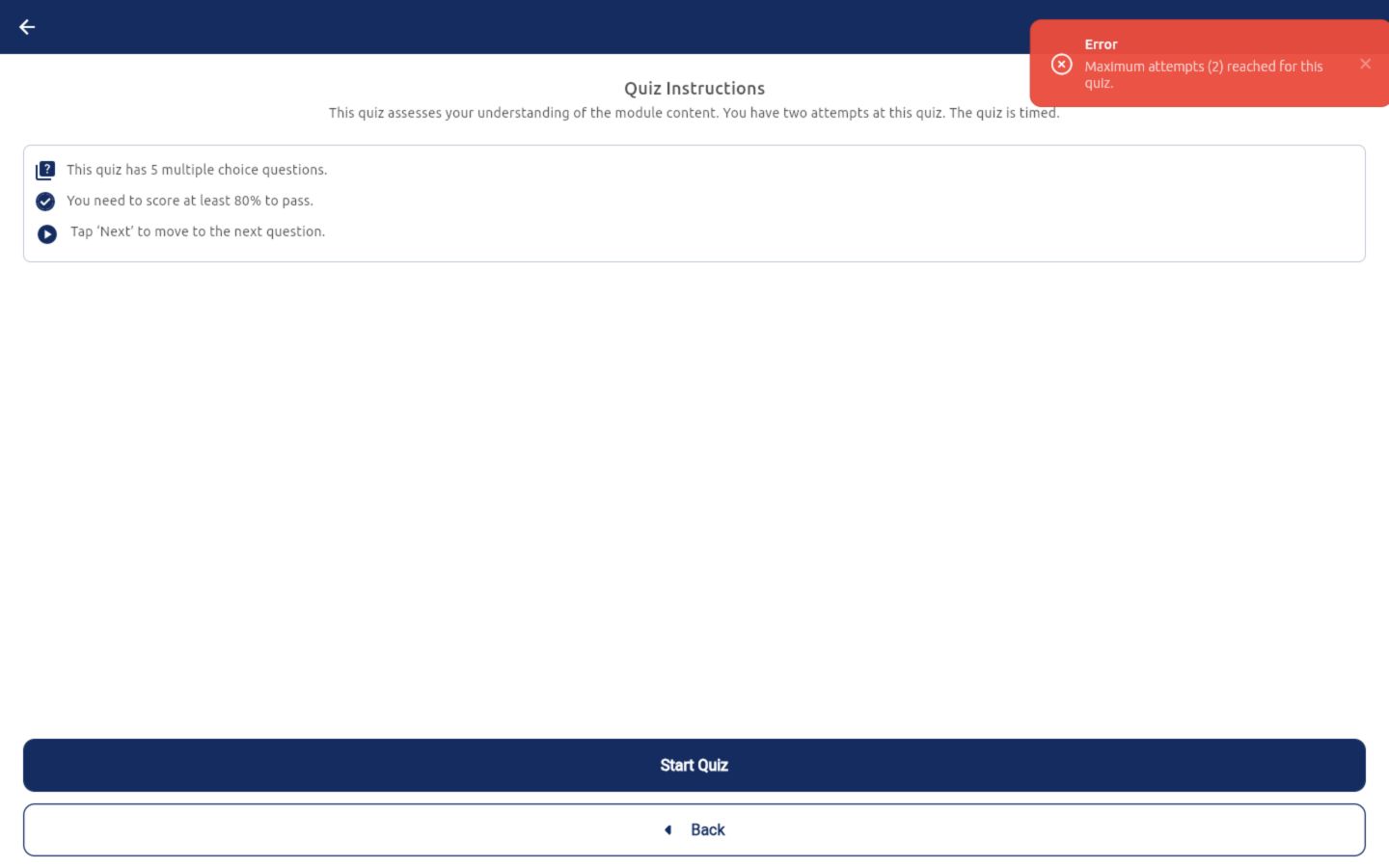 Course quiz instructions with a maximum-attempts error message