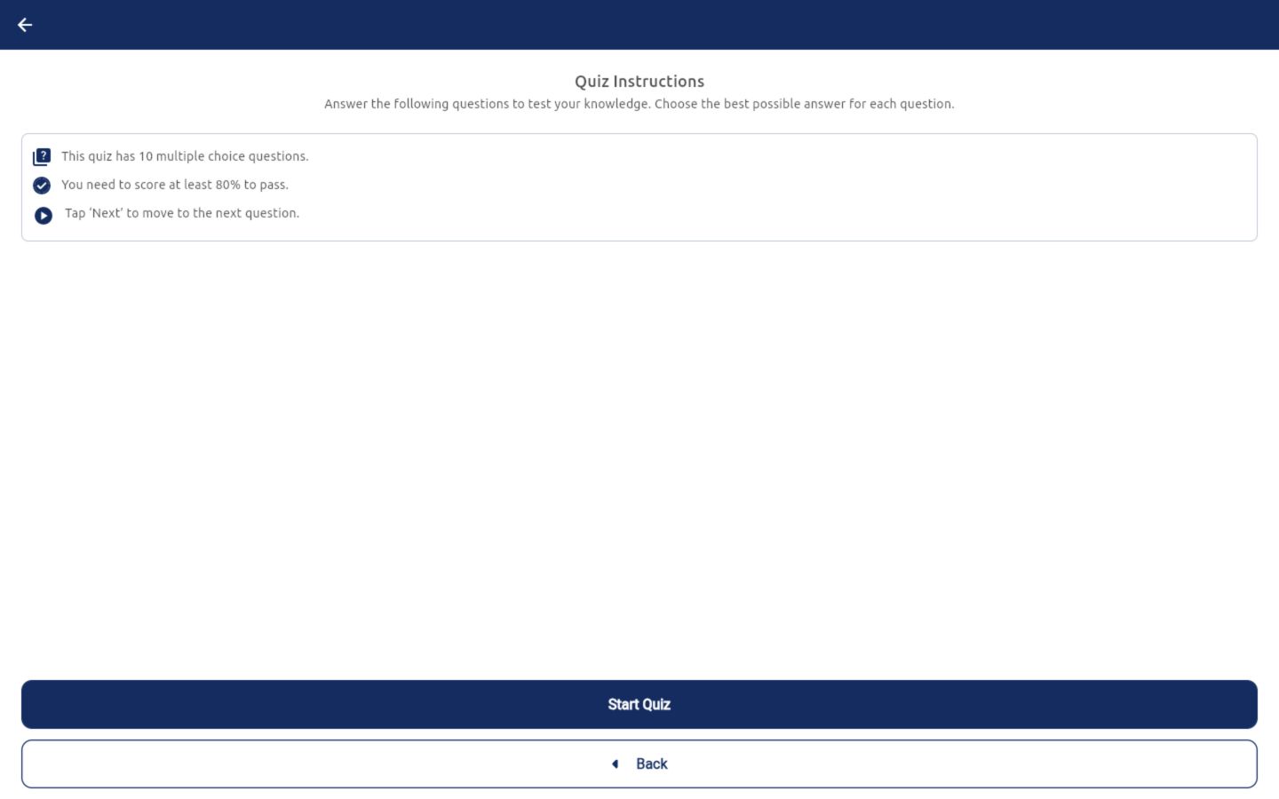 Daily quiz instructions showing ten questions and an eighty-percent pass mark