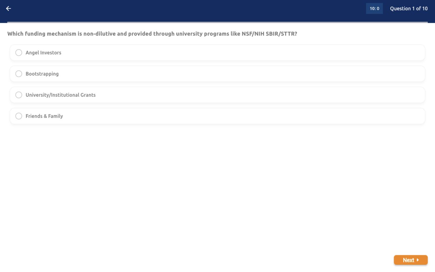 First daily quiz question with timer, progress and four answer choices