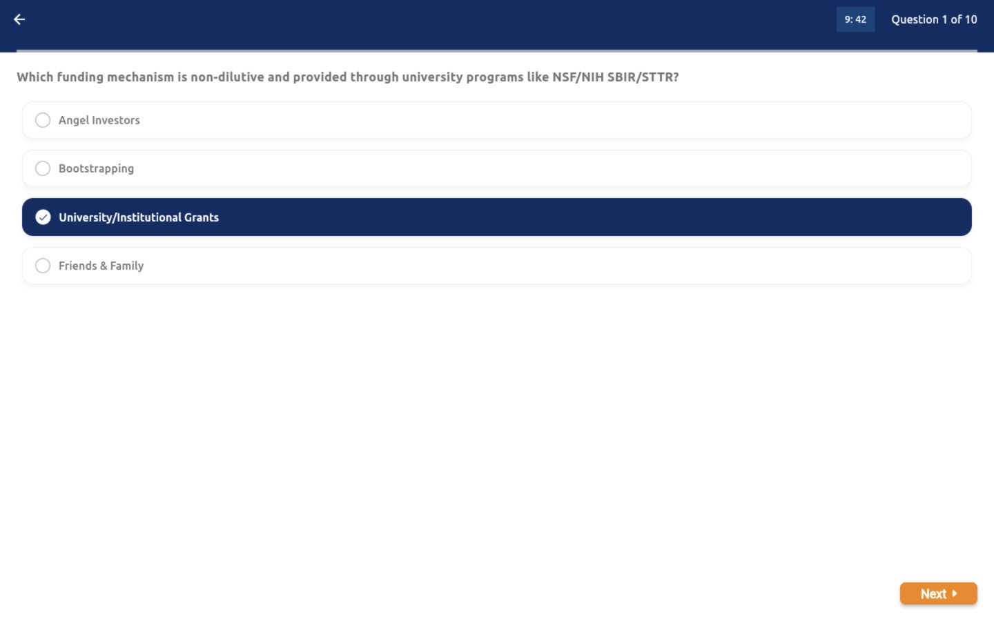 Daily quiz question with University Institutional Grants selected