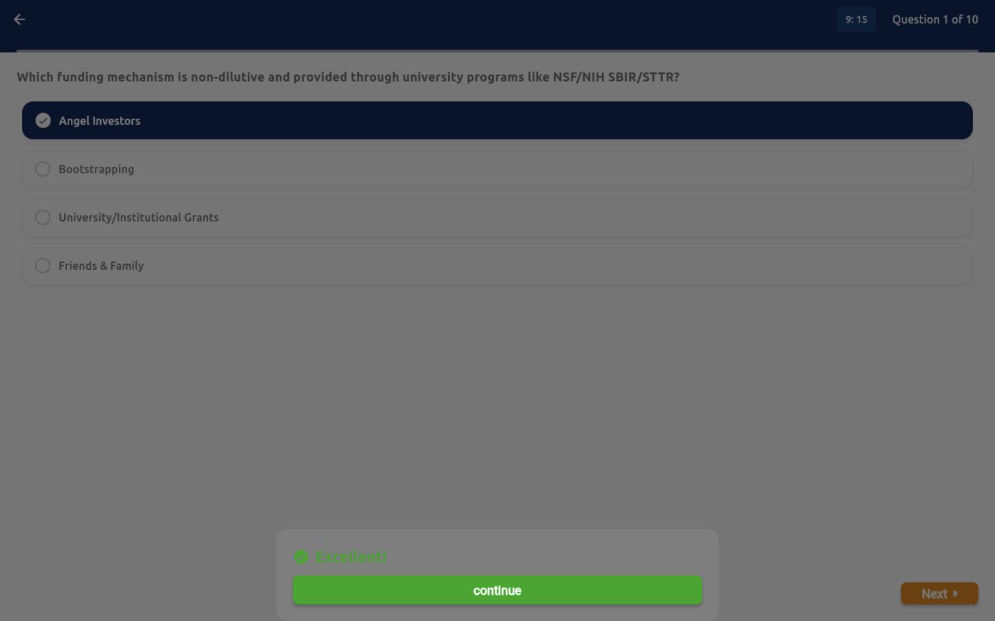 Daily quiz answer feedback with a continue button