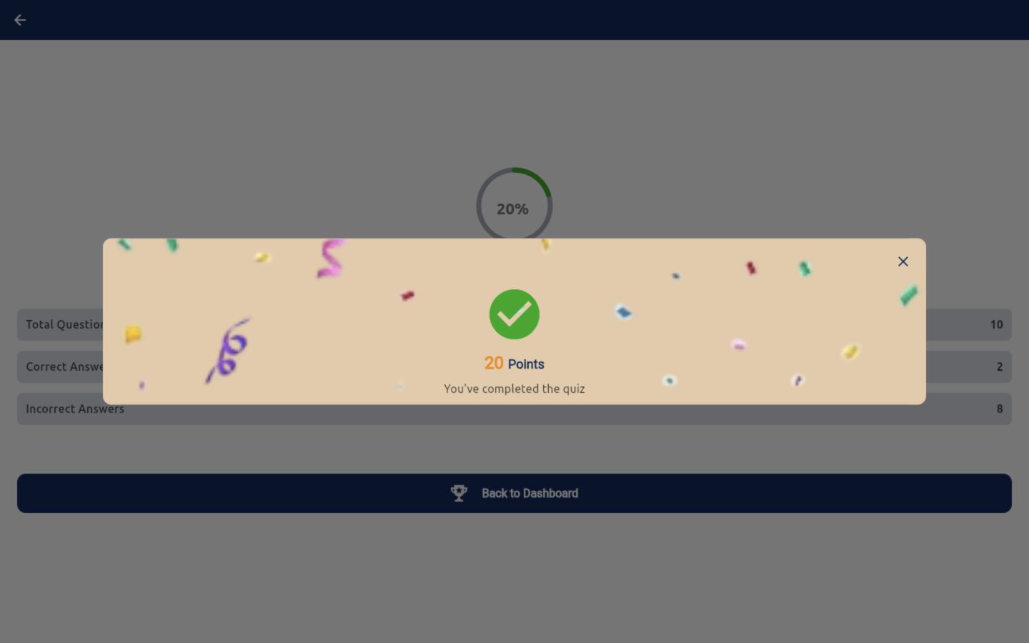 Completed daily quiz showing score, points, correct and incorrect answers