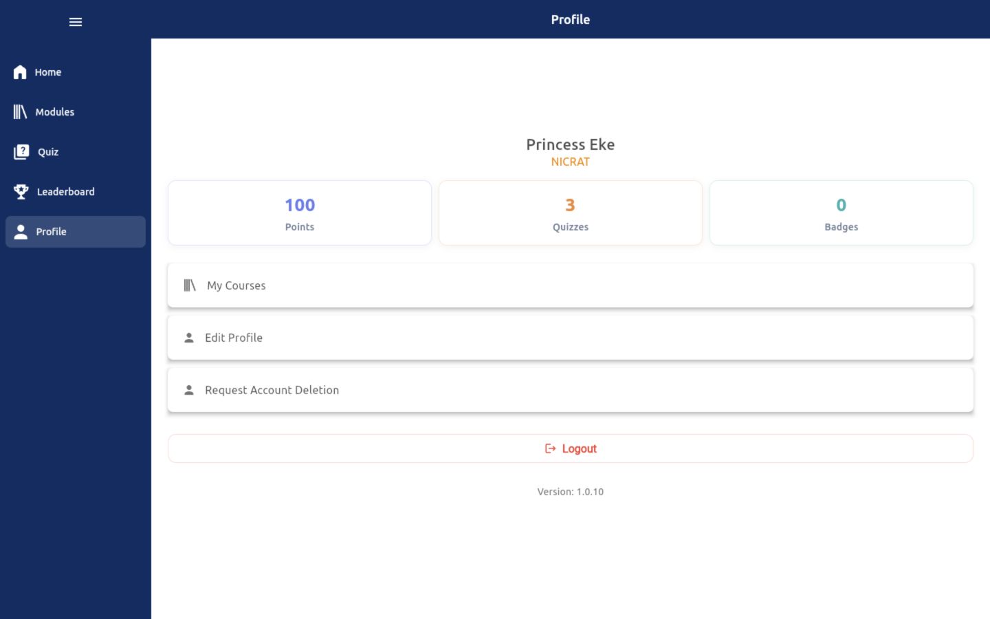 Learner profile with statistics, My Courses, Edit Profile and account controls