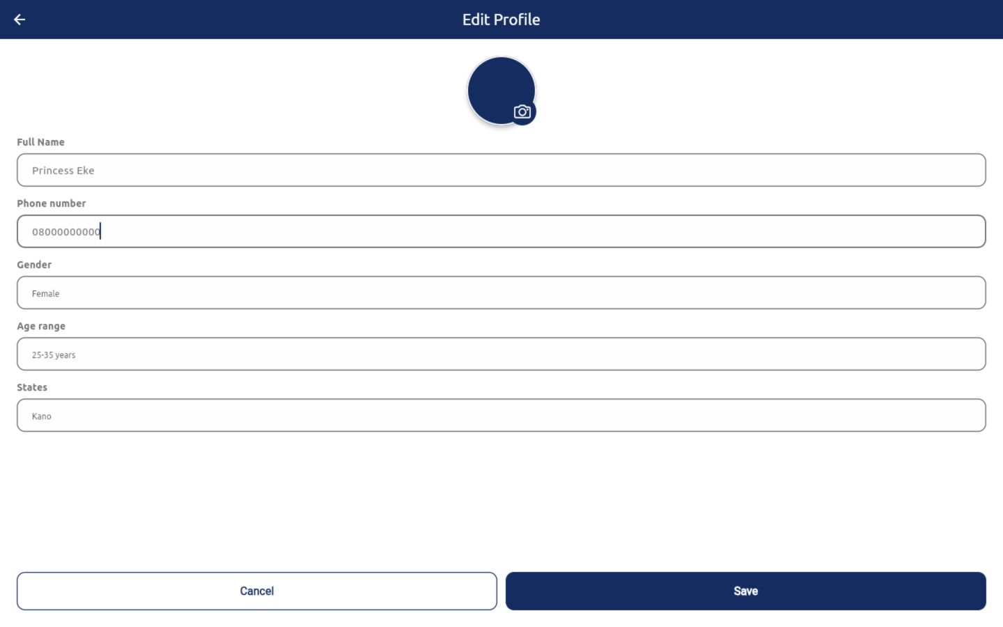 Edit Profile form populated with a safe example phone number and profile selections