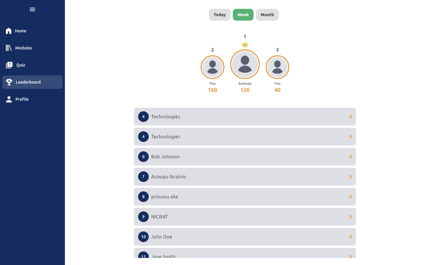 Leaderboard with Week selected